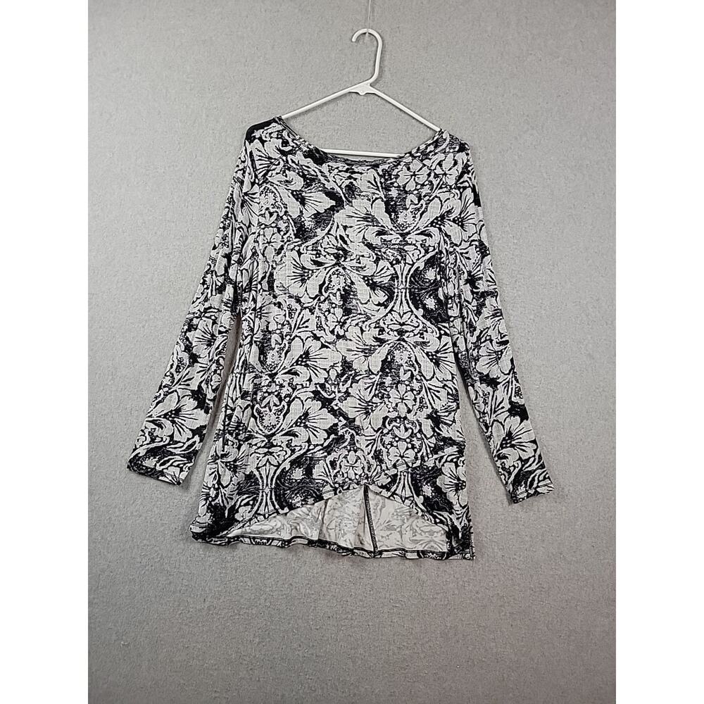 Chicos Zenergy Black White Floral LS Rayon Tunic Top Women's 1 US 8 10 Stretch